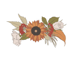 Autumn bouquet, flowers and leaves, vector