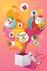 Santa Claus, Friends and Gifts Popping Out From Gift Box, Merry Christmas and Happy New Year