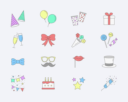 Celebration party Icons set - Vector color symbols of cake, gift, drink, balloon, confetti, hat, fireworks, mask, moustache, lip, candy and etc for the site or interface