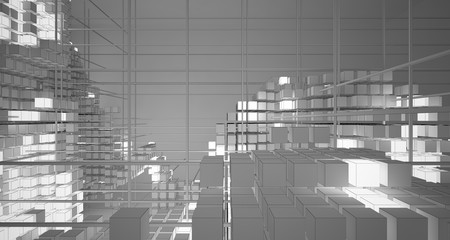 Abstract architectural white interior of  cubes with neon lighting. Drawing. 3D illustration and rendering.