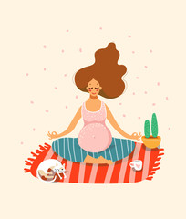 A pregnant girl practices yoga or meditates in the lotus position. Cozy home decor, cat, carpet, cactus in a pot. The concept of pregnancy, the expectation of a baby, a healthy lifestyle, family. Flat