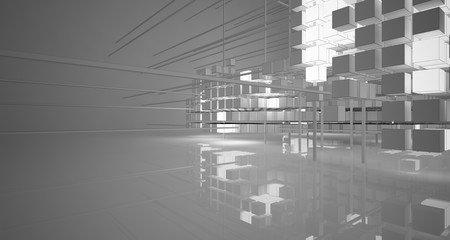 Abstract architectural white interior of  cubes with neon lighting. Drawing. 3D illustration and rendering.