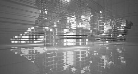 Fototapeta premium Abstract architectural white interior of cubes with neon lighting. Drawing. 3D illustration and rendering.