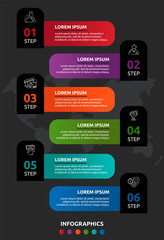 Vector infographic template on black background. Labels with text and icons for two diagrams, graph, flowchart, timeline, marketing, presentation. Business concept with six options