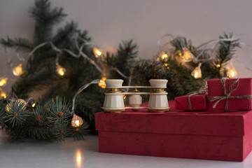 Abstract creative christmas background with opera glasses, fir branch, white paper for yout text. template.