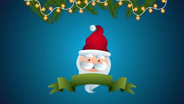 happy merry christmas animation with santa claus head and wreath