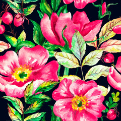 Watercolor pattern pink rose hip pattern and leaves