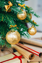Christmas background. Green fir tree with golden balls. - 301905822
