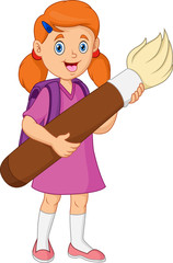 Cartoon School girl hold brushes