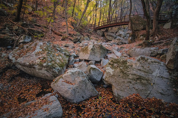Bridge in Juwangsan national park, Korea with autumn foreat