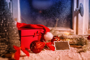 Winter window with snow and ice Christmas decoration gifts