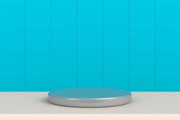 Round silver stage podium concept illustration isolated on blue background. Festive podium scene for award ceremony on table. Silver pedestal for product presentation. 3d rendering
