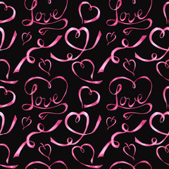 Seamless pattern Watercolor ribbon heart, love letter Greeting card concept. Wedding or Valentine's Day banner, poster design. Hand drawn red pink hearts on black background. texture for scrapbooking