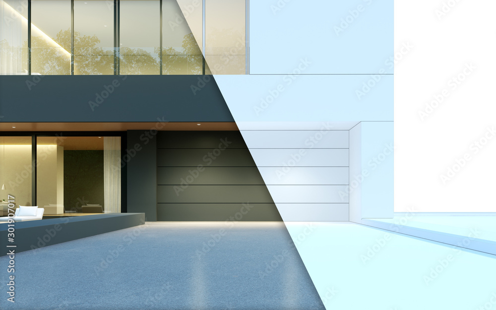 Poster Half frame perspective of luxury modern house with swimming pool on forest lake background and building wire-frame, Idea of minimal architecture design. 3D rendering