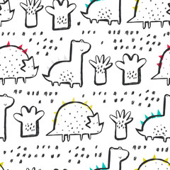 Cute seamless pattern with dinosaurs, trees on a white background. Perfect for kids apparel, fabric, textile, nursery decoration, wrapping paper. Trendy vector pattern.