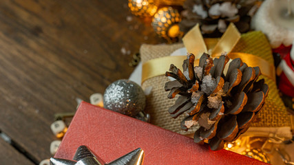 Christmas equipment decorations on wood background for holiday concept.