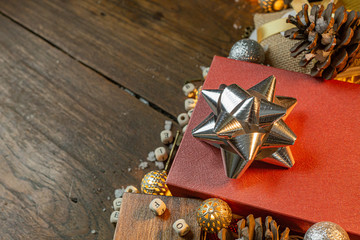 Christmas equipment decorations on wood background for holiday concept.