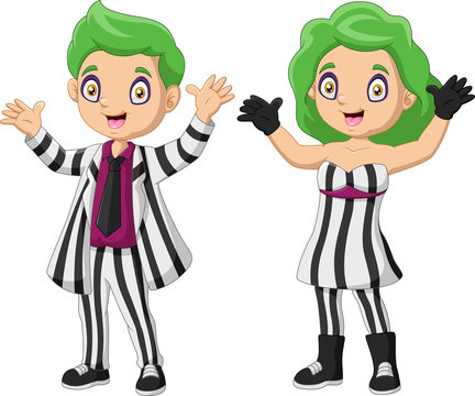 Couple Kids A Wearing  Costumes Beetlejuice