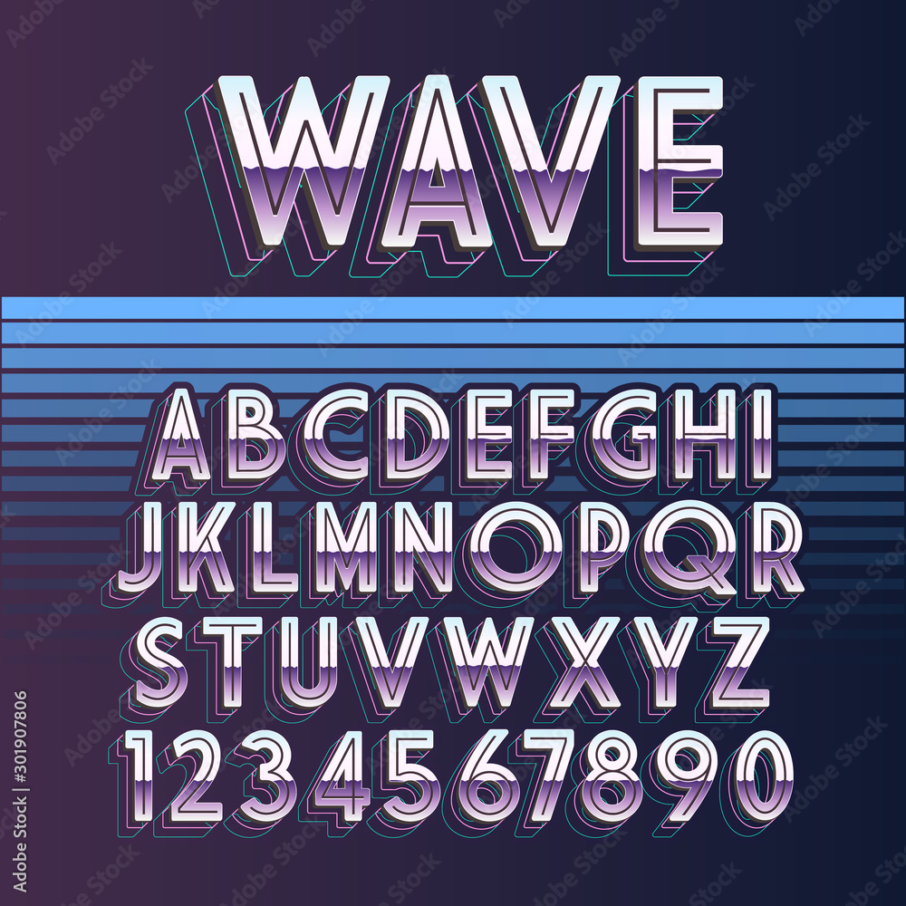 Poster shiny chrome alphabet in 80s retro futurism style. vector font on retro wave style background