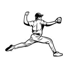 Fototapeta na wymiar baseball player throw a ball black white illustration