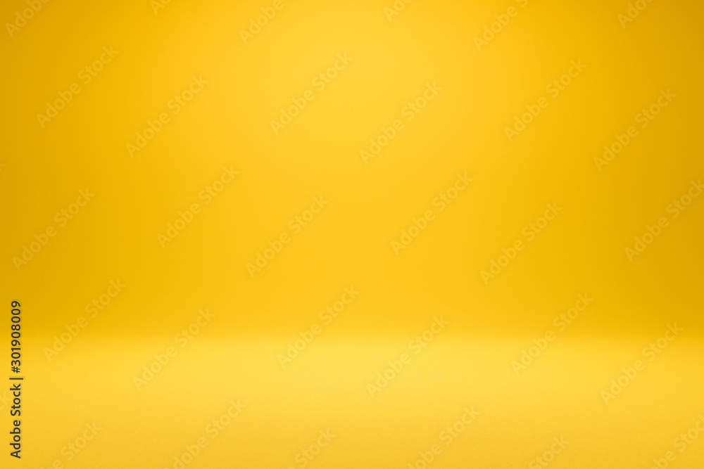 Poster Empty yellow background and spotlight with studio for showing or design. Blank backdrop made from cement material. Realistic 3D render.