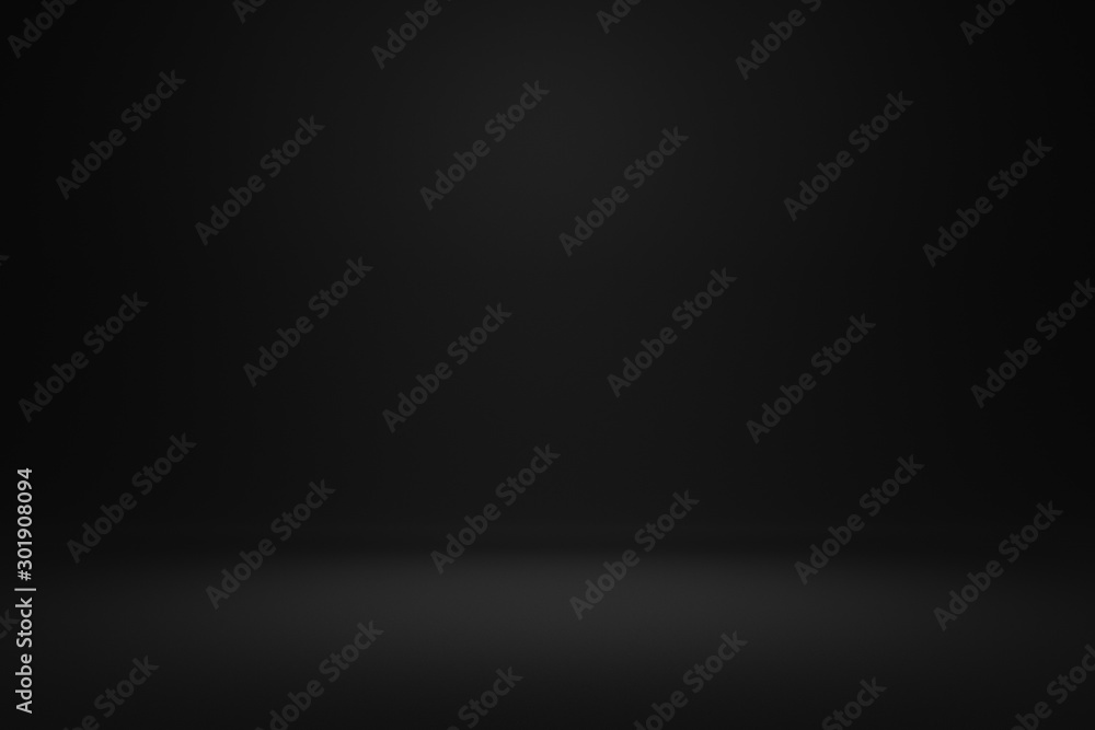 Poster Empty black background and spotlight in centre with studio for showing or design. Dark backdrop made from cement material. Realistic 3D render.