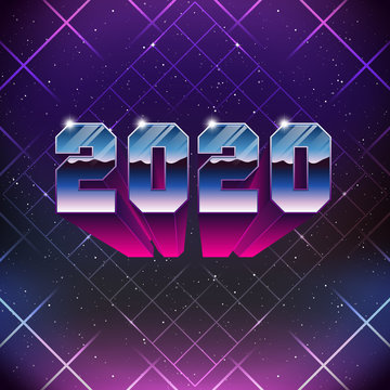 Happy New 2020 Year Greetings Card in 80s Retro Sci-Fi style. Vector futuristic synth retro wave illustration in 1980s posters style.