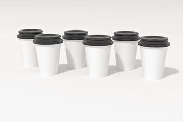 White paper coffee cups and black plastic lids shot on white. 3D Illustration.