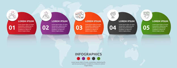 Vector flat template circle infographics. Business concept with 5 options and parts. Five steps for content, flowchart, timeline, levels, marketing, presentation, graph, diagrams, slideshow