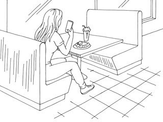 Girl taking food photo in cafe graphic black white interior sketch illustration vector