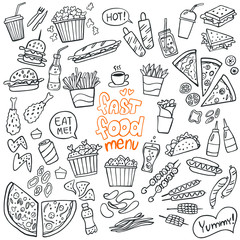 Set of fast food doodles on white. Vector illustration. Perfect for menu or food package design.