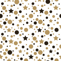 Festive background with gold stars and circles on white background. Holiday seamless pattern. Vector illustration.