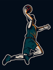 Vintage retro illustration of player jump and do dunk with one hand