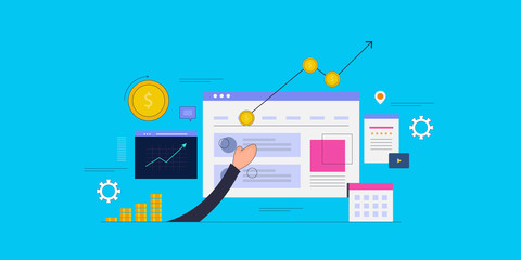 Return on investment, digital marketing, online business roi, website, increasing ad revenue concept. Flat design web banner template.