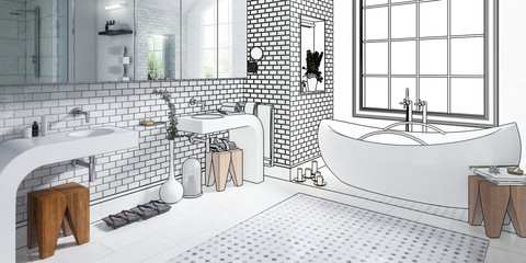 Draft of an old bathroom after renovation (panoramic) - 3d visualization