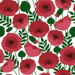 Red poppy flowers on white background seamless pattern - 301912876