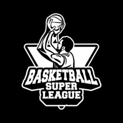 player doing shot in basketball super league to winning the match. sport emblem or badge for your team logos black and white