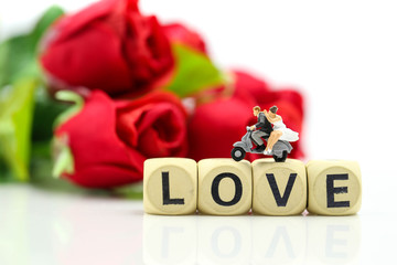 Fototapeta premium Miniature people : Couple lover and Love text wooden blocks with rose and gift box,Lover concept.