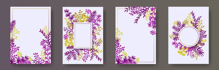 Cute herb twigs, tree branches, leaves floral invitation cards set. Plants borders romantic cards design with dandelion flowers, fern, lichen, olive branches, sage twigs.