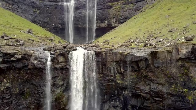 Aerial view of Fossa waterfall, largest waterfall on the Faroe Islands.