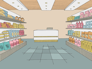 Grocery store shop interior color graphic sketch illustration vector