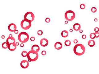 Like thumbs up and love heart icons falling on transparent background. Abstract social media symbols. Reaction counter notification icons. Social media elements. Like love emoji reactions.