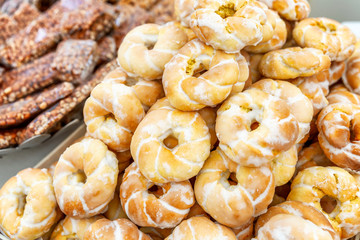 Donuts with icing on the counter. Background. Space for text.