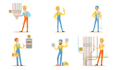 Group of electricians at work. Vector illustration