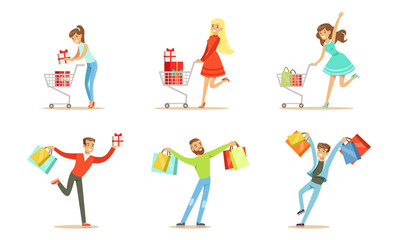 Joyful people with packages and shopping trolleys. Vector illustration