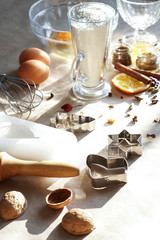 Preparation for baking festive cookies. Christmas and New year traditional food receipts. Homemade bakery, culinary.