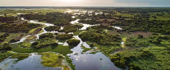 Panoramablick auf das Luftbild bei Sonnenuntergang der typischen Landschaft der Pantanal-Feuchtgebiete mit Lagunen, Wäldern, Wiesen, Flüssen, Feldern, Mato Grosso, Brasilien © Uwe Bergwitz