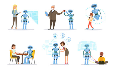 People customize the work of the assistant robot. Vector illustration.