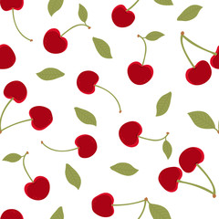 Cherries with stems and leaves on white background seamless pattern - 301916855