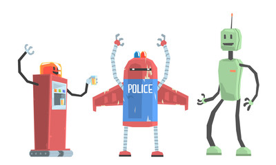 Set of old scratched robots. Vector illustration.